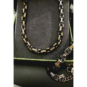 NEW Modern Black Rose Gold Mens 27" Steel Byzantine Chain Necklace Bracelet Set